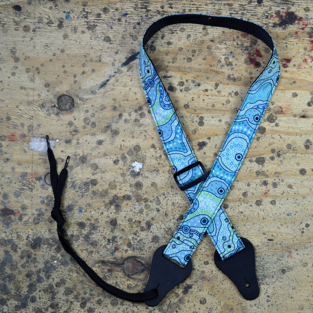 Aboriginal Art Uke strap - Yalke Wetlands Aqua